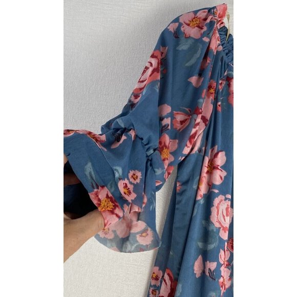 Democracy Floral Print Boho Ruffle Peasant Hippie Blouse S Mesh Fabric Blue $68 - Picture 3 of 11